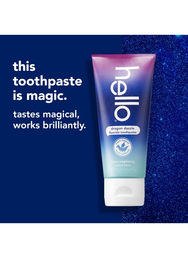 hello Dragon Dazzle Blue Raspberry Kids Toothpaste, Fluoride Toothpaste, Ages 2+, No Artificial Sweeteners, No SLS, Gluten Free, Vegan, Pack of 3, 4.2 OZ Tubes