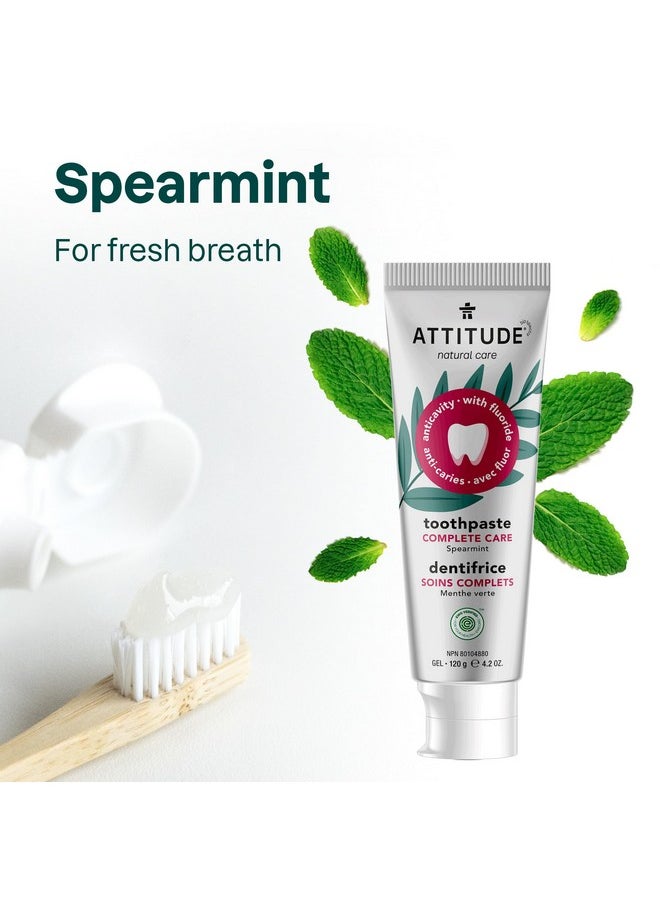 ATTITUDE Toothpaste with Fluoride, Prevents Tooth Decay and Cavities, Vegan, Cruelty-Free and Sugar-Free, Complete Care, Spearmint, 4.2 Oz