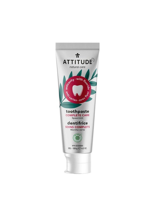 ATTITUDE Toothpaste with Fluoride, Prevents Tooth Decay and Cavities, Vegan, Cruelty-Free and Sugar-Free, Complete Care, Spearmint, 4.2 Oz