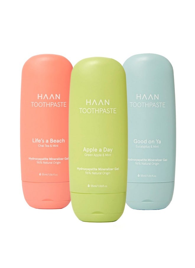 HAAN Natural Toothpaste Made with Clean, Vegan Ingredients for Cavity Protection | Parabens, Sulfates & Charcoal Free | 1 of Flavor of Each: Life's a Beach, Good on Ya & Apple Day (Pack 3 Bottles)
