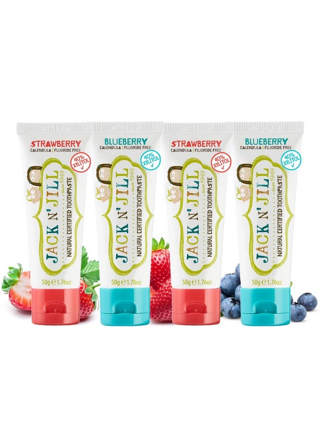 Jack N' Jill Natural Toddler Toothpaste for Baby, Kids and Infants 6 Months & Up, Fluoride Free Training Toothpaste for Toddlers 1-3, 40% Xylitol, BPA Free - Blueberry & Strawberry, 1.76 oz (4 Pack)