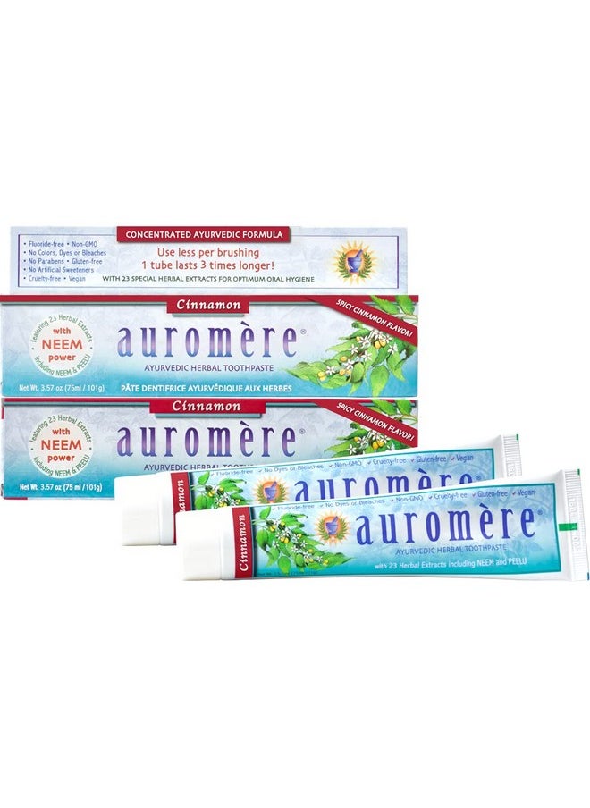 Auromere Ayurvedic Herbal Toothpaste, Cinnamon - Vegan, Natural, Non GMO, Fluoride Free, Gluten Free, with Neem & Peelu (3.57 oz), 2 Pack