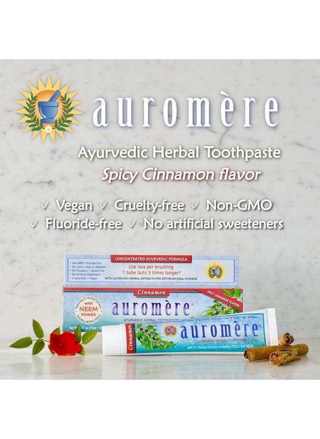 Auromere Ayurvedic Herbal Toothpaste, Cinnamon - Vegan, Natural, Non GMO, Fluoride Free, Gluten Free, with Neem & Peelu (3.57 oz), 2 Pack
