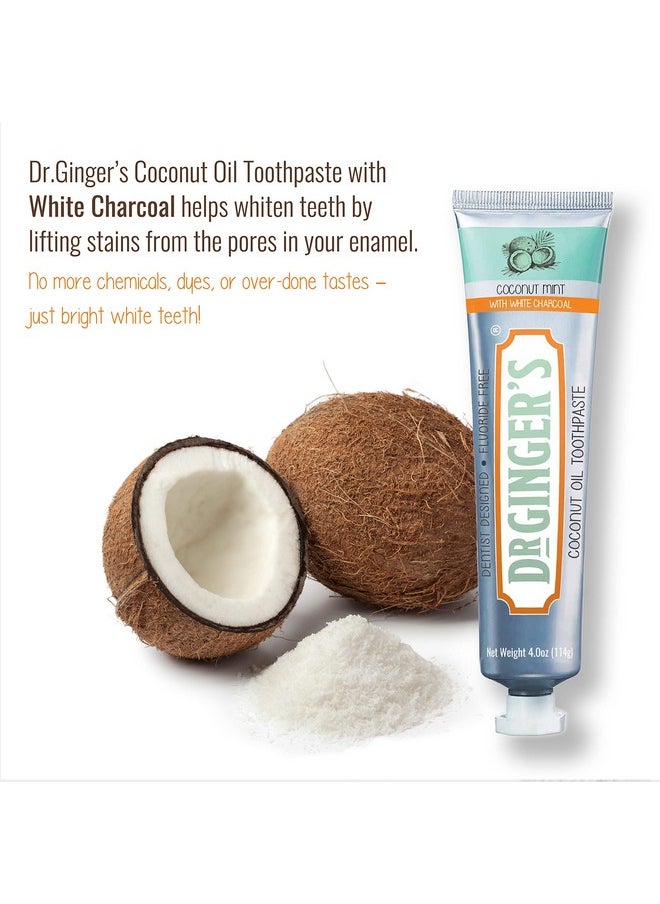 Dr. Ginger's Coconut Oil Toothpaste with White Activated Charcoal, All-Natural Whitening Power, Enamel-Safe, Reduces Plaque & Gum Sensitivity, Fluoride-Free, Coconut Mint Flavor, 4oz, 1ct