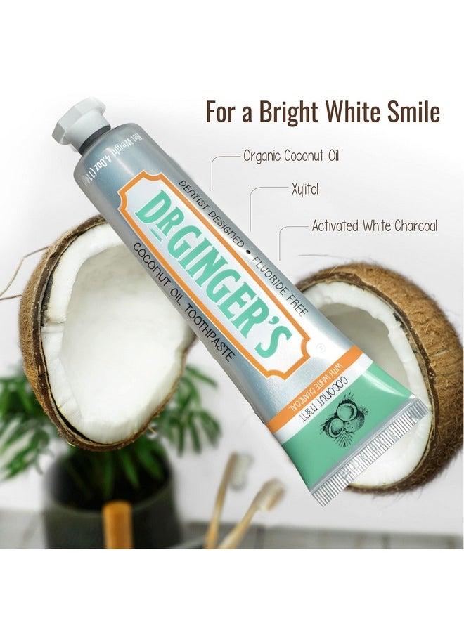 Dr. Ginger's Coconut Oil Toothpaste with White Activated Charcoal, All-Natural Whitening Power, Enamel-Safe, Reduces Plaque & Gum Sensitivity, Fluoride-Free, Coconut Mint Flavor, 4oz, 1ct