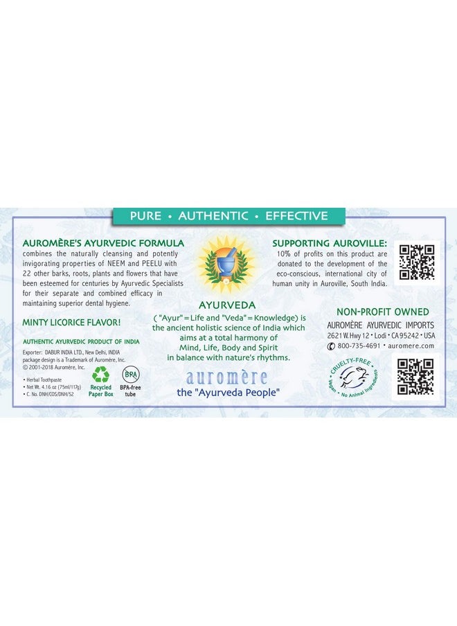Auromere Ayurvedic Herbal Toothpaste, Classic Licorice Flavour - Vegan, Natural, Non GMO, Fluoride Free, Gluten Free, with Neem & Peelu (4.16 oz), 1 Pack