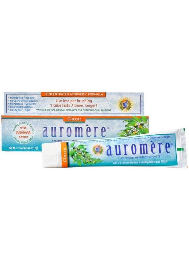Auromere Ayurvedic Herbal Toothpaste, Classic Licorice Flavour - Vegan, Natural, Non GMO, Fluoride Free, Gluten Free, with Neem & Peelu (4.16 oz), 1 Pack