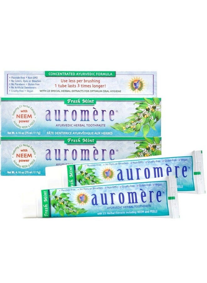 Auromere Ayurvedic Herbal Toothpaste, Fresh Mint - Vegan, Natural, Non GMO, Fluoride Free, Gluten Free, with Neem & Peelu (4.16 oz), 2 Pack