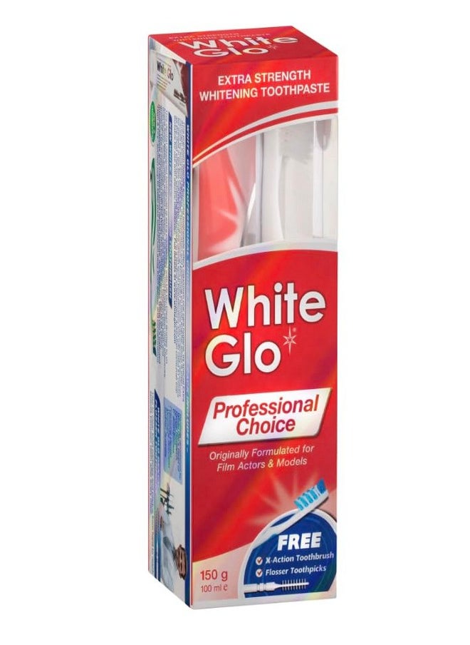 White Glo Extra Strength Whitening Toothpaste Professional Choice 100ml - 2 Packs with Sanitral 50 Pcs Dental Floss Stick Included as a Gift