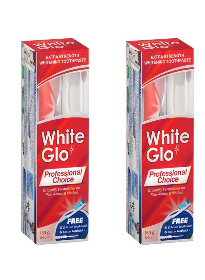 White Glo Extra Strength Whitening Toothpaste Professional Choice 100ml - 2 Packs with Sanitral 50 Pcs Dental Floss Stick Included as a Gift