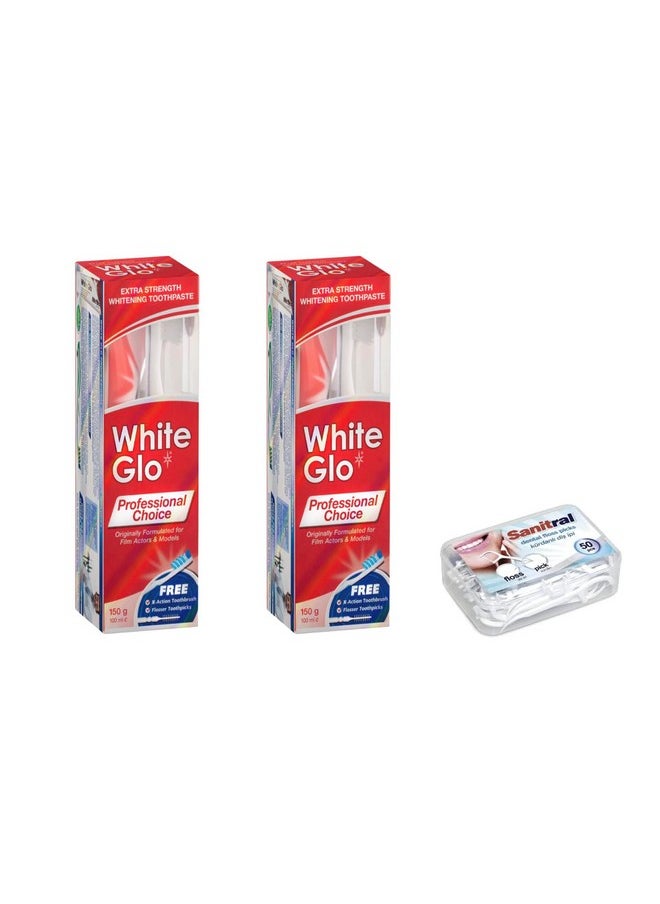 White Glo Extra Strength Whitening Toothpaste Professional Choice 100ml - 2 Packs with Sanitral 50 Pcs Dental Floss Stick Included as a Gift