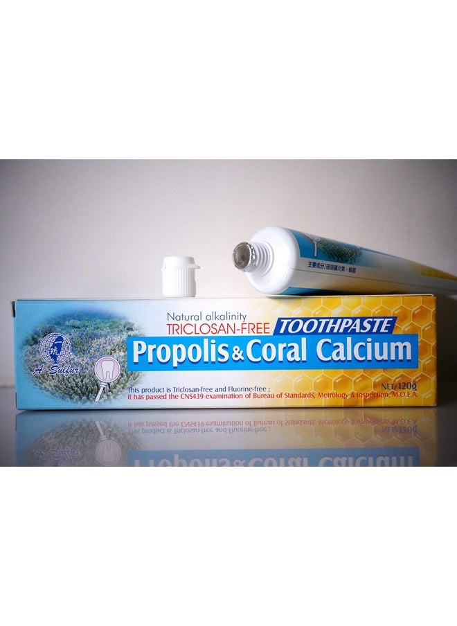 Natural Fluoride Free Propolis Toothpaste Anti-Plaque Triclosan Free No Preservative, No Artificial Sweetener, No Chemical, with Okinawa Coral Calcium 120g (4.2 oz) Made in Taiwan (1)