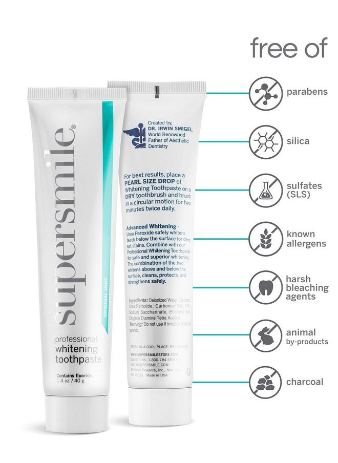 Supersmile Professional Whitening Toothpaste w/ Fluoride - Removes Stains & Whitens Teeth 6 Shades - Enamel Strengthening - No Sensitivity - Travel Size (Original Mint, 1.4 Oz)