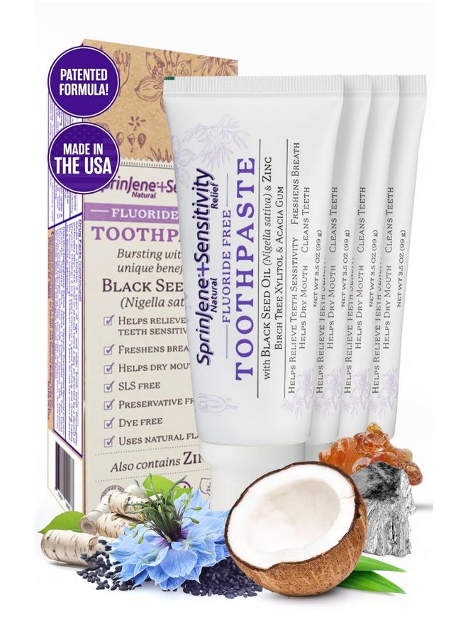 SprinJene Fluoride Free Toothpaste for Sensitive Teeth & Gum Fresh Breath Helps Dry Mouth Natural Non Fluoride Toothpaste for Adult SLS Free, Toxic Preservative Free with Black Seed Oil & Zinc 4 Pack