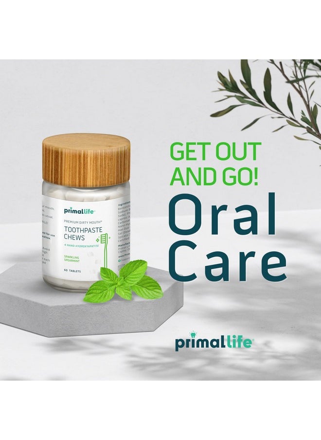 Primal Life Organics Premium Dirty Mouth Toothpaste Chews - Nano-Hydroxyapatite Whitening Toothpaste Tablets for Adults - Gluten Free, Vegan, Paleo (Jar, Sparkling Spearmint)