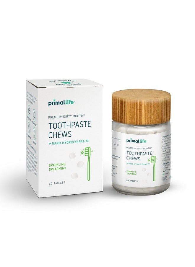 Primal Life Organics Premium Dirty Mouth Toothpaste Chews - Nano-Hydroxyapatite Whitening Toothpaste Tablets for Adults - Gluten Free, Vegan, Paleo (Jar, Sparkling Spearmint)