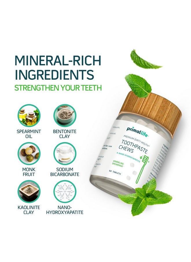 Primal Life Organics Premium Dirty Mouth Toothpaste Chews - Nano-Hydroxyapatite Whitening Toothpaste Tablets for Adults - Gluten Free, Vegan, Paleo (Jar, Sparkling Spearmint)