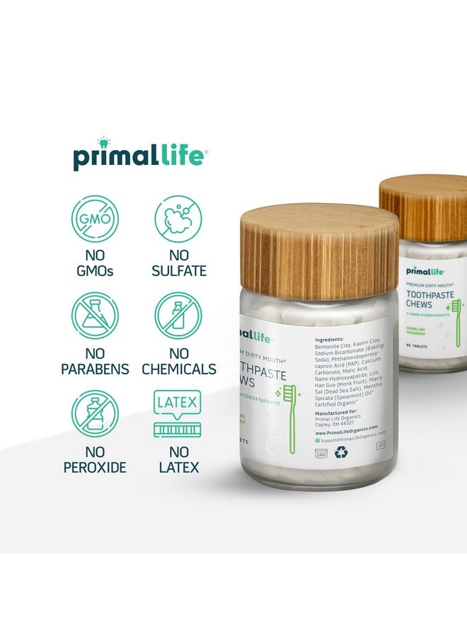Primal Life Organics Premium Dirty Mouth Toothpaste Chews - Nano-Hydroxyapatite Whitening Toothpaste Tablets for Adults - Gluten Free, Vegan, Paleo (Jar, Sparkling Spearmint)