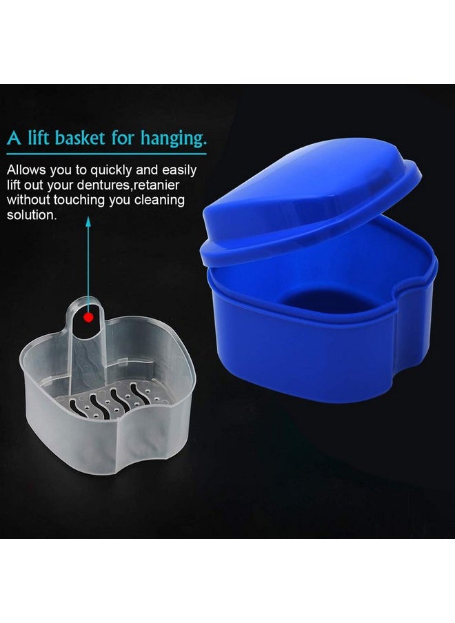 Denture Case, Denture Cup with Strainer, Coolrunner Denture Bath Box False Teeth Storage Box with Basket Net Container Holder for Travel, Retainer Cleaning (Blue) (Dark Blue)