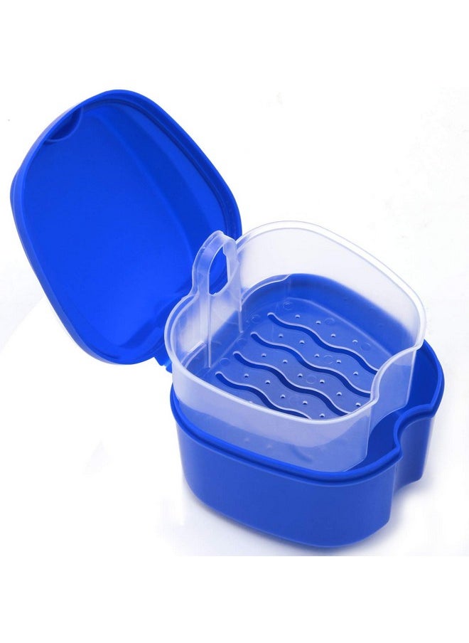 Denture Case, Denture Cup with Strainer, Coolrunner Denture Bath Box False Teeth Storage Box with Basket Net Container Holder for Travel, Retainer Cleaning (Blue) (Dark Blue)
