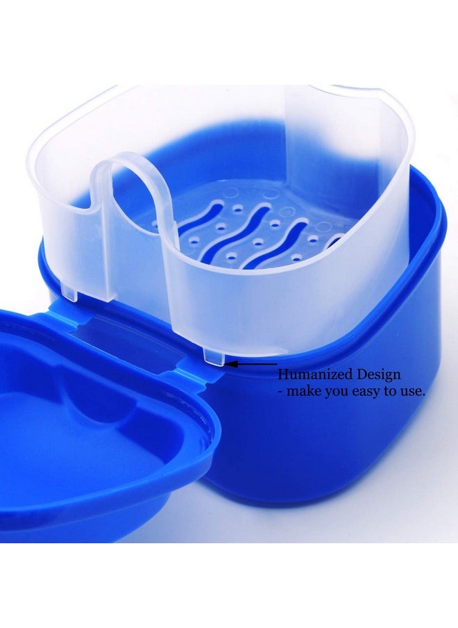 Denture Case, Denture Cup with Strainer, Coolrunner Denture Bath Box False Teeth Storage Box with Basket Net Container Holder for Travel, Retainer Cleaning (Blue) (Dark Blue)