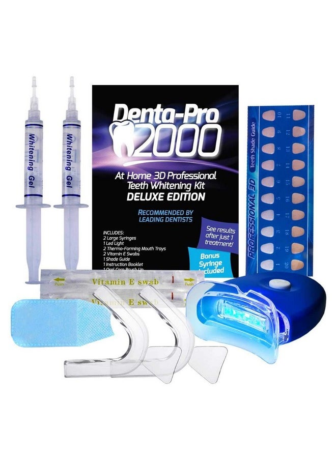 DentaPro 2000 3D Teeth Whitening Kit - Deluxe Addition Includes LED Light, (2) 5ml Gel Syringes, Custom Moldable Tray (2), Vitamin E Swab (2), Shade Guide - See Results After Just One Use!