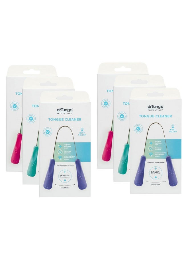 DrTung’s Stainless Steel Metal Tongue Scraper - Tongue Cleaner for Adults, Kids, Helps Freshen Breath, Easy to Use Comfort Grip Handle, Comes with Fabric Travel Pouch - 6 Pack