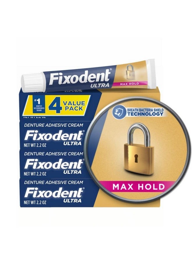 Fixodent Ultra Max Hold Secure Denture Adhesive Cream for Full and Partial Denture Wearers, 2.2oz (Pack of 4)