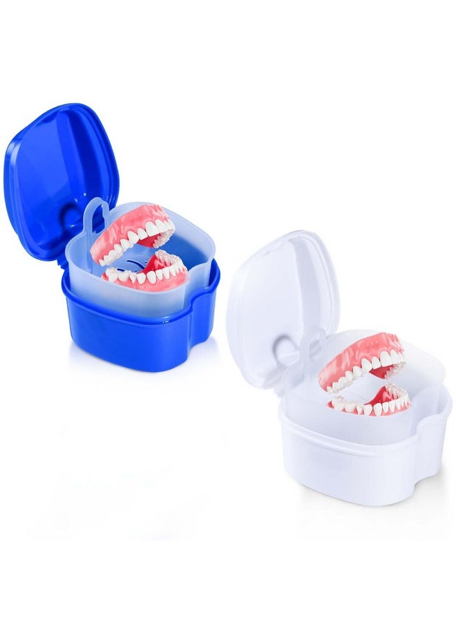 OBTANIM 2 Pack Denture Bath Cup Case Box Holder Storage Soak Container with Strainer Basket for RetainersTravel False Teeth Cleaning (White, Blue)