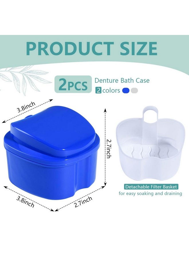 OBTANIM 2 Pack Denture Bath Cup Case Box Holder Storage Soak Container with Strainer Basket for RetainersTravel False Teeth Cleaning (White, Blue)