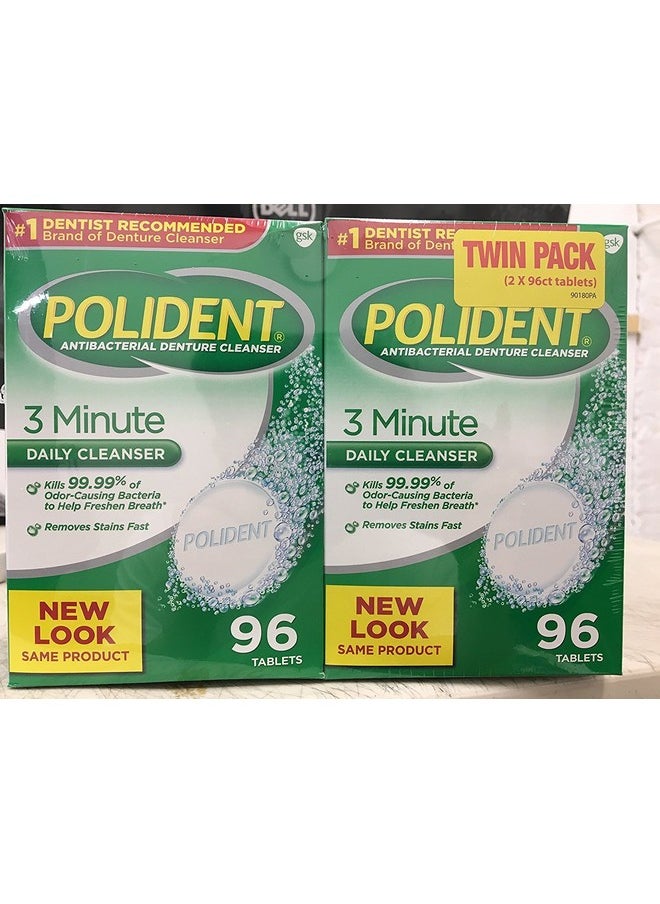 Improved Triple Mint Freshness - Polident Antibacterial 3 Minute Denture Cleanser 96 Tablets per Box (Pack of 2)