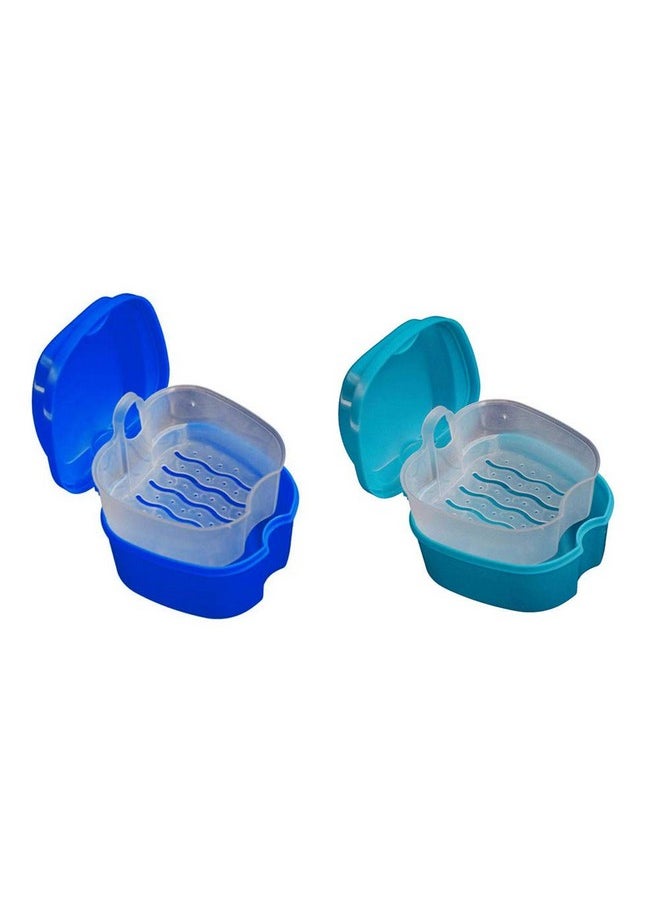 2 PCS Denture Bath Case with Strainer Basket, False Teeth Storage Box Holder, Denture Cup Soaking Container for Travel Cleaning (Blue Green)