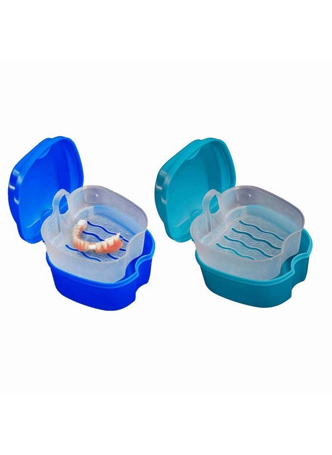 2 PCS Denture Bath Case with Strainer Basket, False Teeth Storage Box Holder, Denture Cup Soaking Container for Travel Cleaning (Blue Green)
