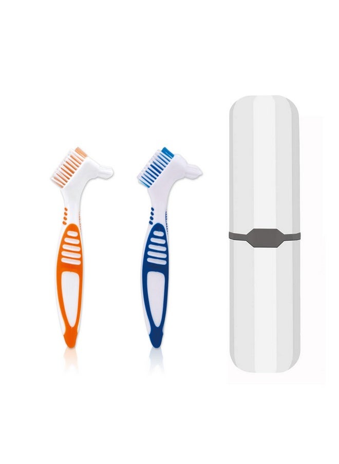 Denture Brush, 2 Pcs False Teeth Toothbrush with White Carrying Case, Multi-Tiered Bristles with Comfort Grip Handle for Effective Denture Cleaning