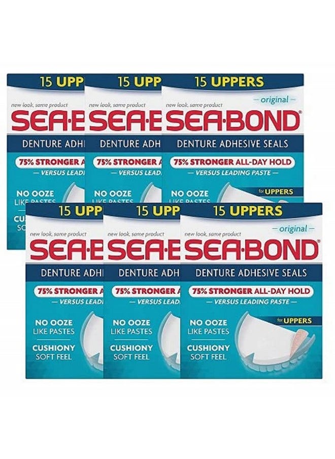 Sea-Bond Secure Denture Adhesive Seals, Original Uppers, Zinc Free, All Day Hold, Mess Free, 15 Count- Pack of 6 ( 90 Total Uppers)