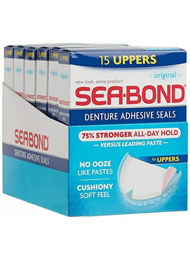 Sea-Bond Secure Denture Adhesive Seals, Original Uppers, Zinc Free, All Day Hold, Mess Free, 15 Count- Pack of 6 ( 90 Total Uppers)