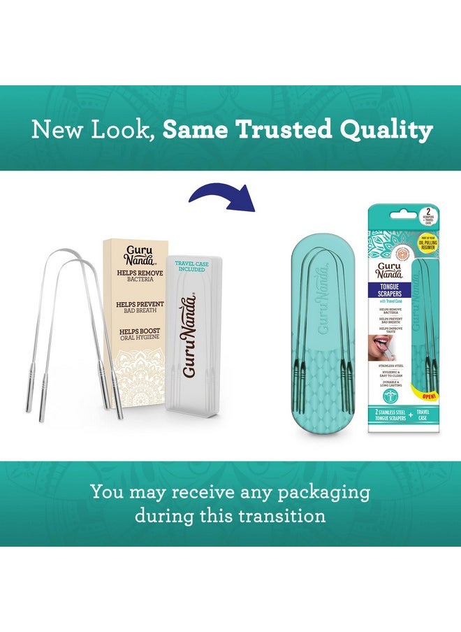 GuruNanda Tongue Scraper for Adults (2 Pack) with Travel Case, 420 Medical-grade 100% Stainless Steel Tongue Cleaner, Aids in Fresh Breath & Oral Care