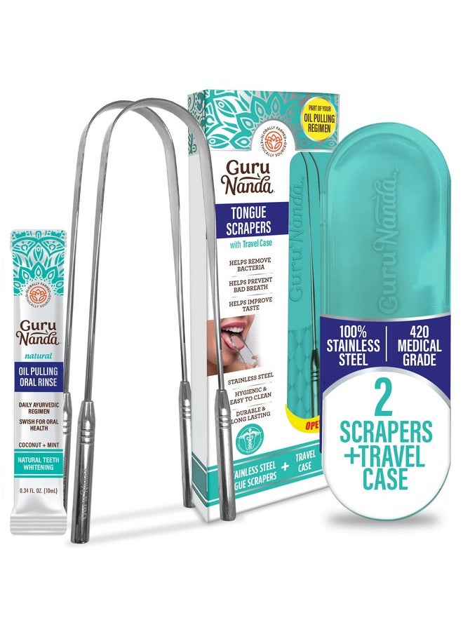 GuruNanda Tongue Scraper for Adults (2 Pack) with Travel Case, 420 Medical-grade 100% Stainless Steel Tongue Cleaner, Aids in Fresh Breath & Oral Care