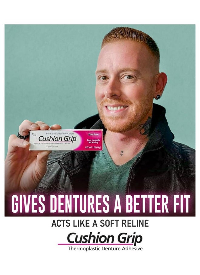 Cushion Grip Thermoplastic Denture Adhesive, 1 oz - Secure Loose-Fitting Upper and Lower Dentures and Partials | Non-Glue Adhesive, Acts Like a Soft Reliner (Pack of 10)