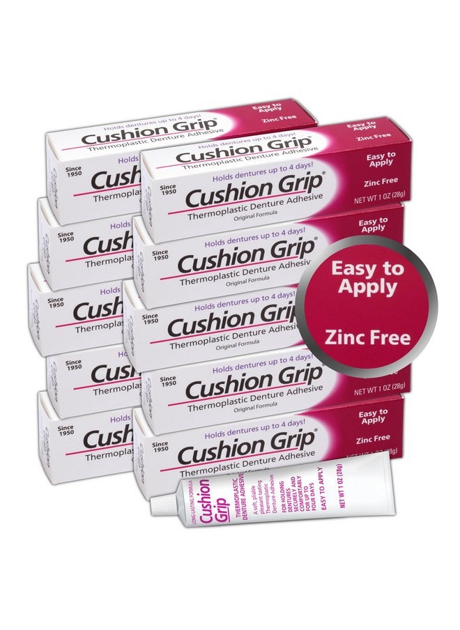 Cushion Grip Thermoplastic Denture Adhesive, 1 oz - Secure Loose-Fitting Upper and Lower Dentures and Partials | Non-Glue Adhesive, Acts Like a Soft Reliner (Pack of 10)