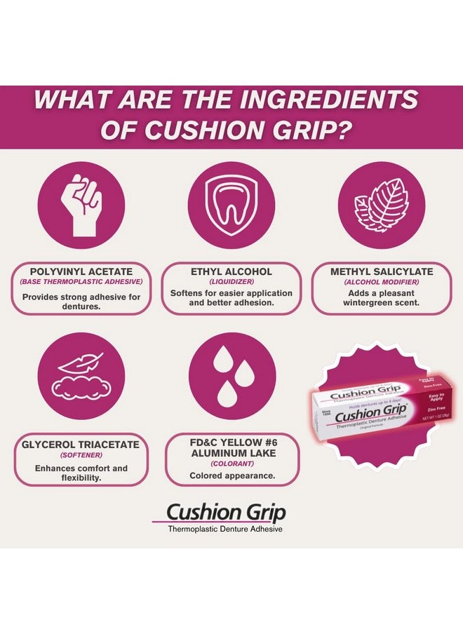 Cushion Grip Thermoplastic Denture Adhesive, 1 oz - Secure Loose-Fitting Upper and Lower Dentures and Partials | Non-Glue Adhesive, Acts Like a Soft Reliner (Pack of 10)