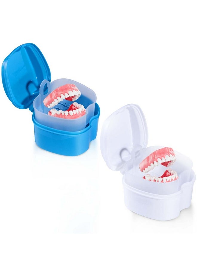 OBTANIM 2 Pack Denture Bath Cup Case Box Holder Storage Soak Container with Strainer Basket for RetainersTravel False Teeth Cleaning (White, Green)
