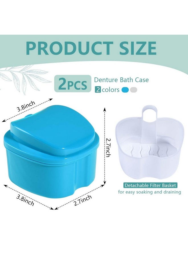 OBTANIM 2 Pack Denture Bath Cup Case Box Holder Storage Soak Container with Strainer Basket for RetainersTravel False Teeth Cleaning (White, Green)