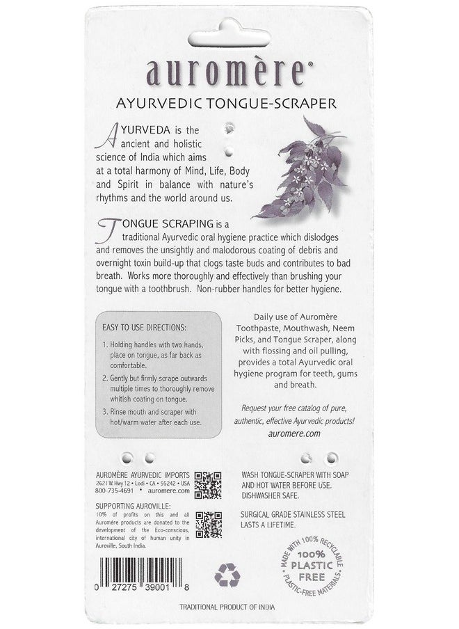 Auromere Tongue Cleaner, Ancient Oral Hygiene, Eco Friendly, Zero Waste, Stainless Steel, Eliminate Bad Breath (1 Pack)