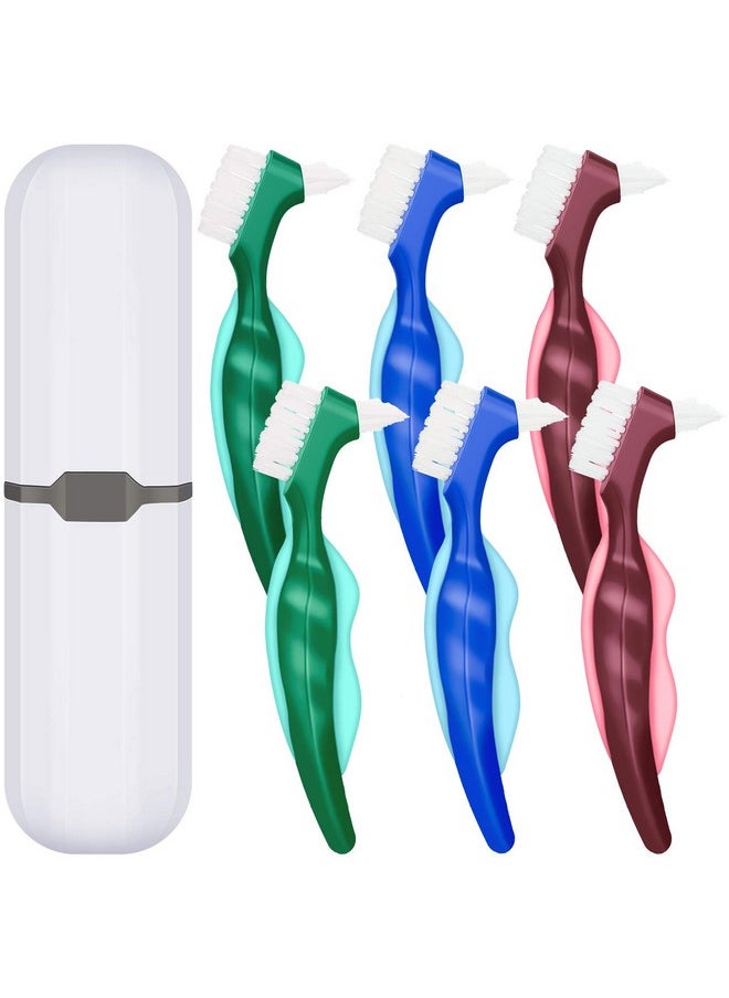 WILLBOND 6 Pieces Hard Denture Toothbrush Denture Brush Cleaning Brush with White Carrying Case for False Teeth Cleaning(Red, Green and Blue)