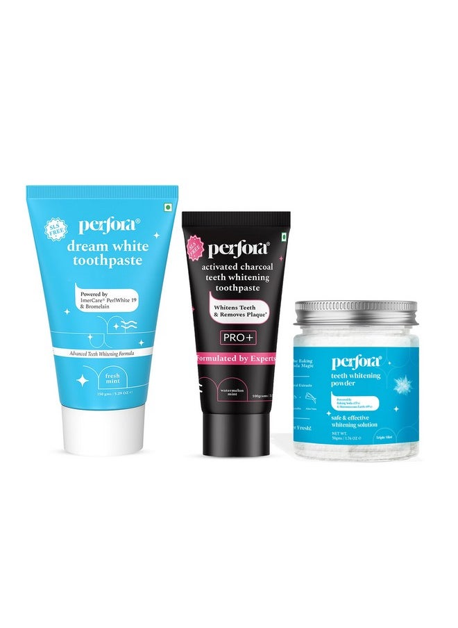 Perfora Teeth Whitening Kit | Dream White Toothpaste | Teeth Whitening Powder | Activated Charcoal Toothpaste | Vitamin Enriched SLS & Fluoride Free | SLS Free & Made Safe Certified | Pack of 3