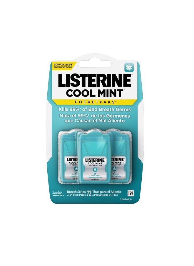 Listerine Cool Mint Pocketpaks Breath Strips Kills Bad Breath Germs, 24-Strip Pack, 3 Pack