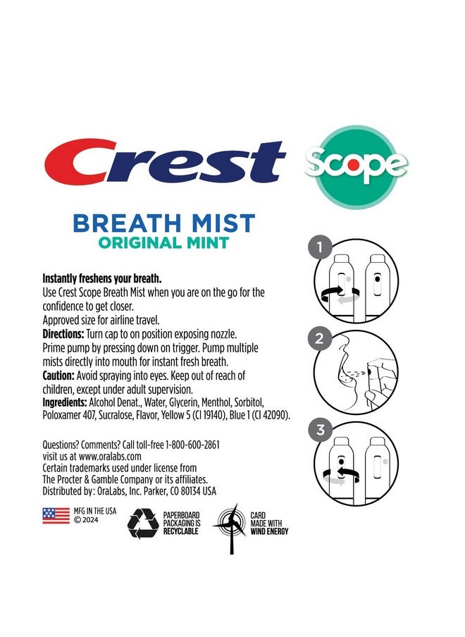 Crest Scope | One 4-Pack of Mint Breath Mist Sprays (4 Total Sprays) - 0.24 Ounce (7mL) - Made in an FDA Audited USA Facility