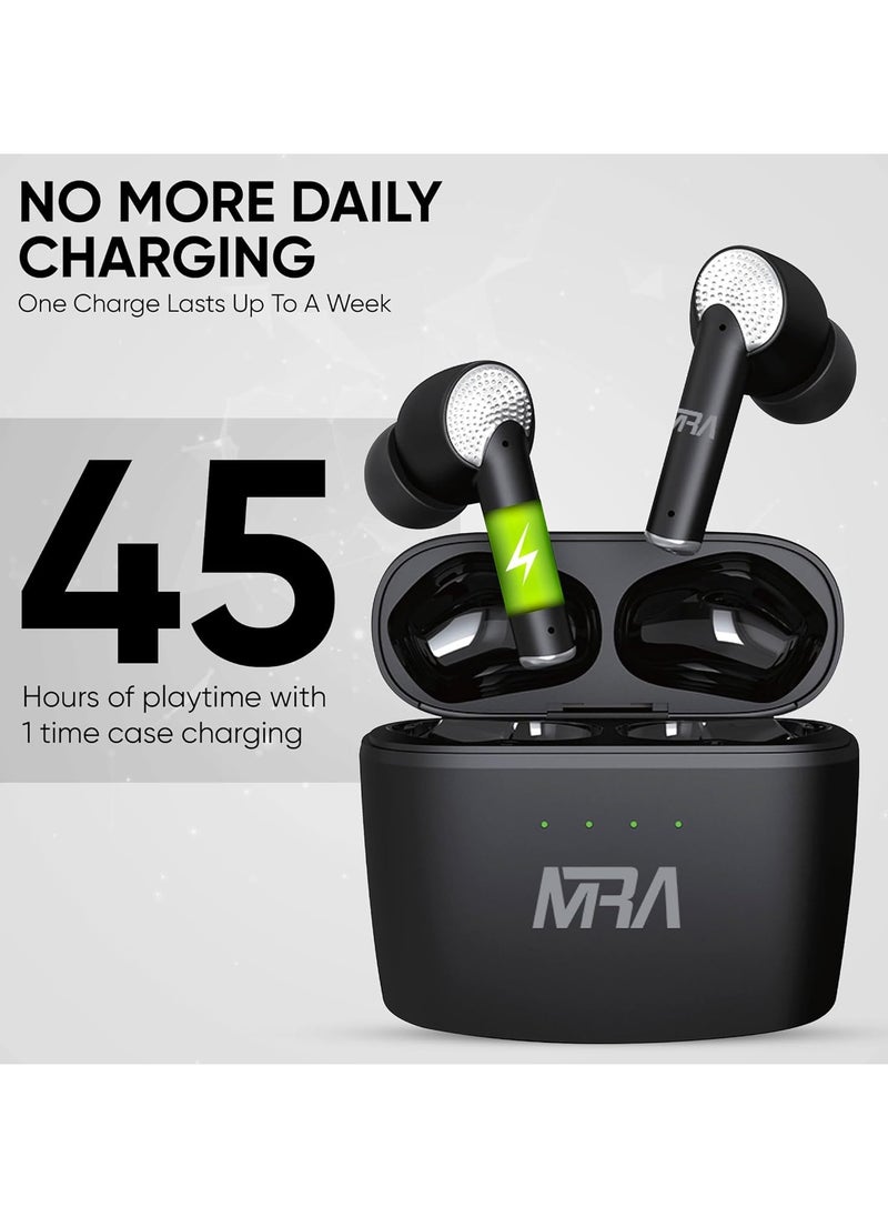 MRA Earbuds, 45 Hour Battery, 13mm Drivers for Deep Bass, Waterproof, 5.4 Bluetooth Connection, Noise-Cancelling, Tap-to-Control, Battery Status Indicator, Premium Earphones for Music/Calls