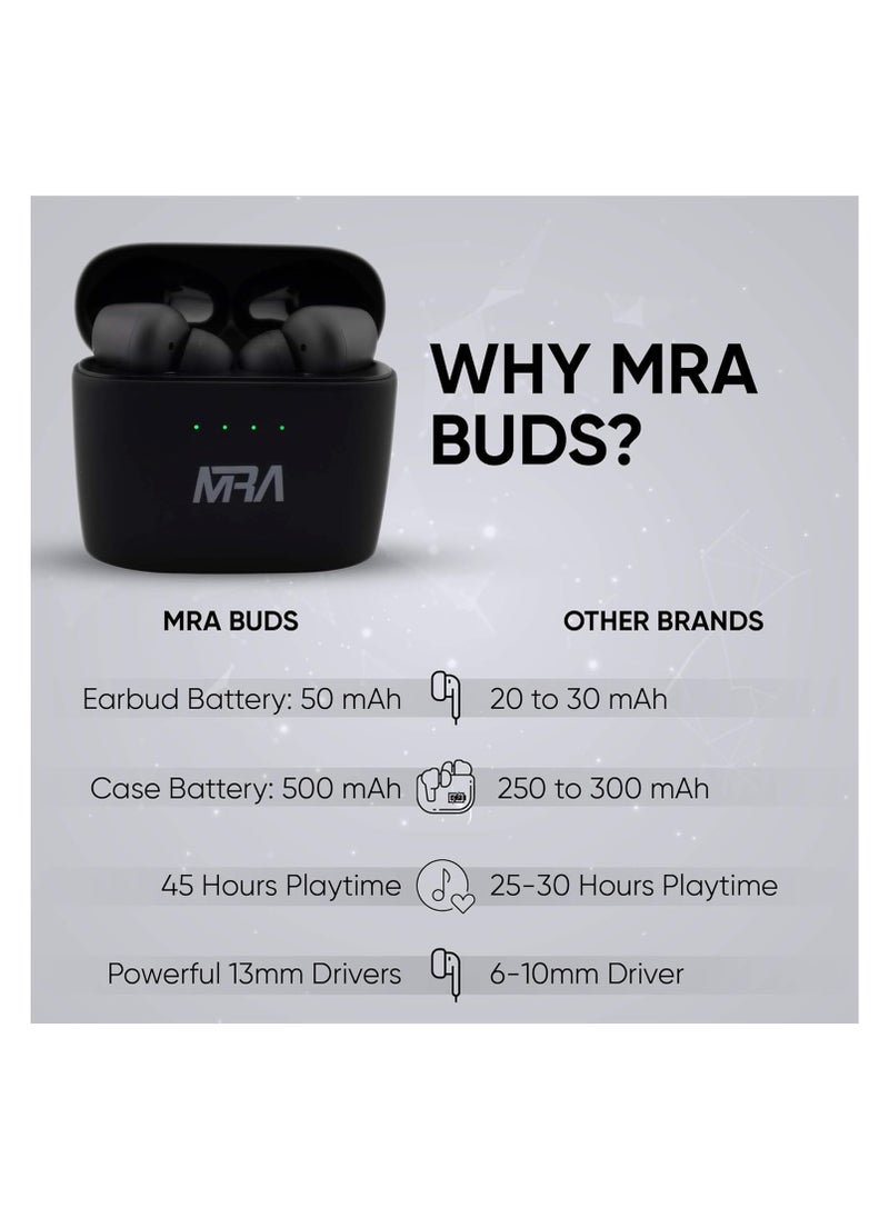 MRA Earbuds, 45 Hour Battery, 13mm Drivers for Deep Bass, Waterproof, 5.4 Bluetooth Connection, Noise-Cancelling, Tap-to-Control, Battery Status Indicator, Premium Earphones for Music/Calls